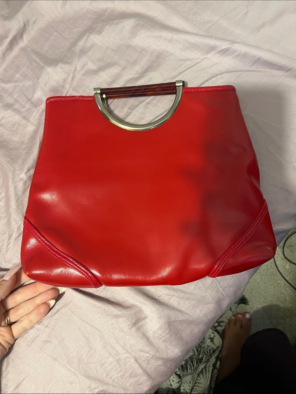 Red Handheld Tote Bag with Gold Accent Handle